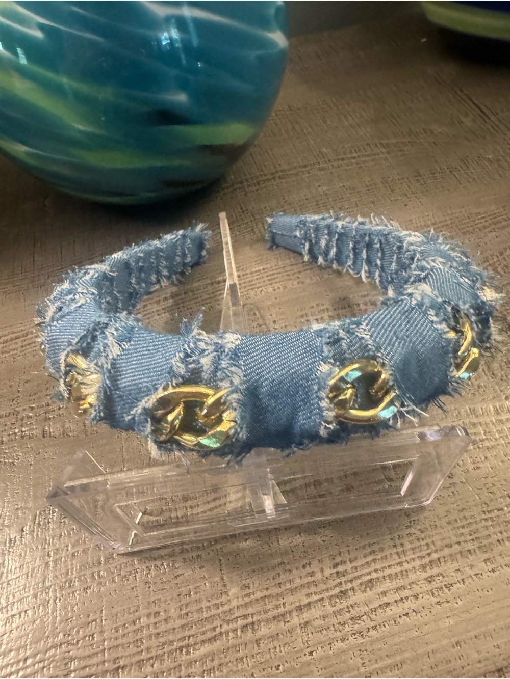 NWOT Denim & Gold Tone Chain Accent Quilted Headband